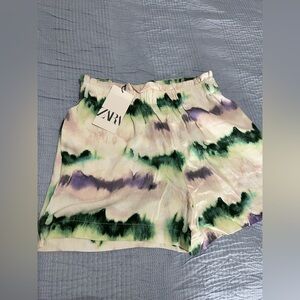Zara Cream Shorts with Green & Purple Tie-Dye